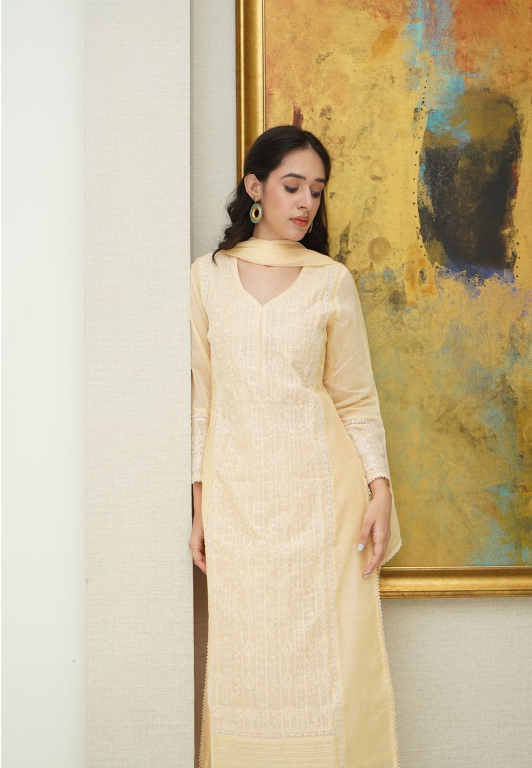 YELLOW CHANDERI CHIKANKARI SUIT SET