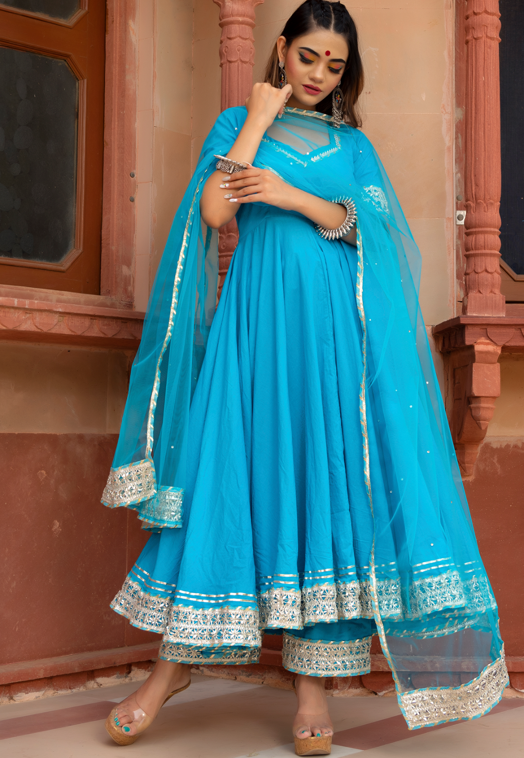 BLUE GOTALACE COTTON ANARKALI SUIT SET