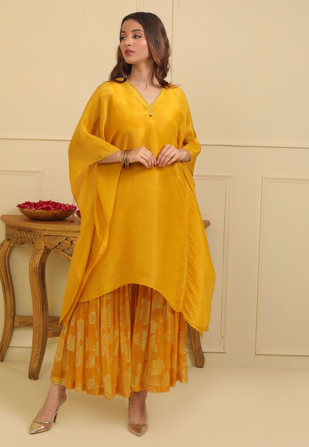 YELLOW KAFTAN SILK TISSUE SHARARA SET