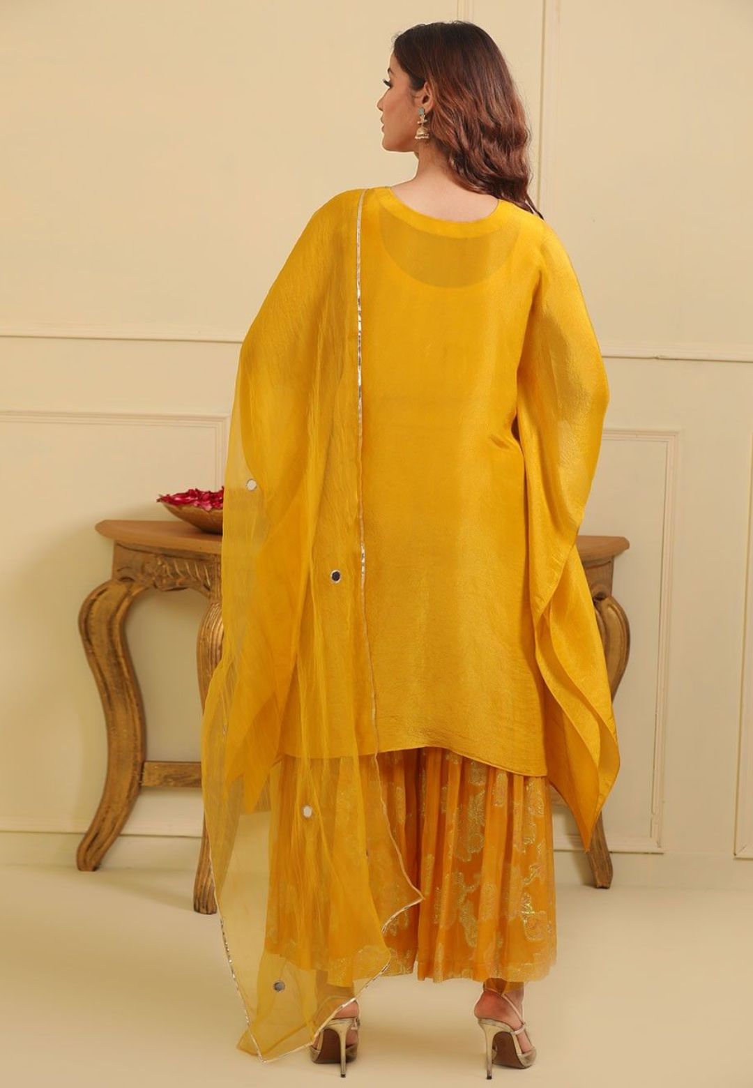 YELLOW KAFTAN SILK TISSUE SHARARA SET
