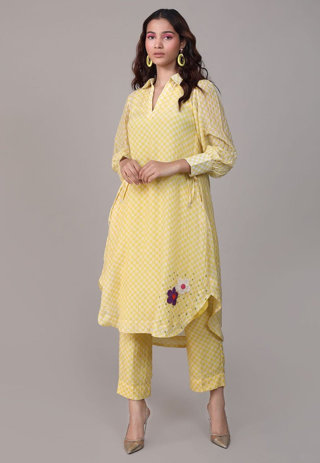 YELLOW CHECK SEQUINED CHANDERI COORD SET
