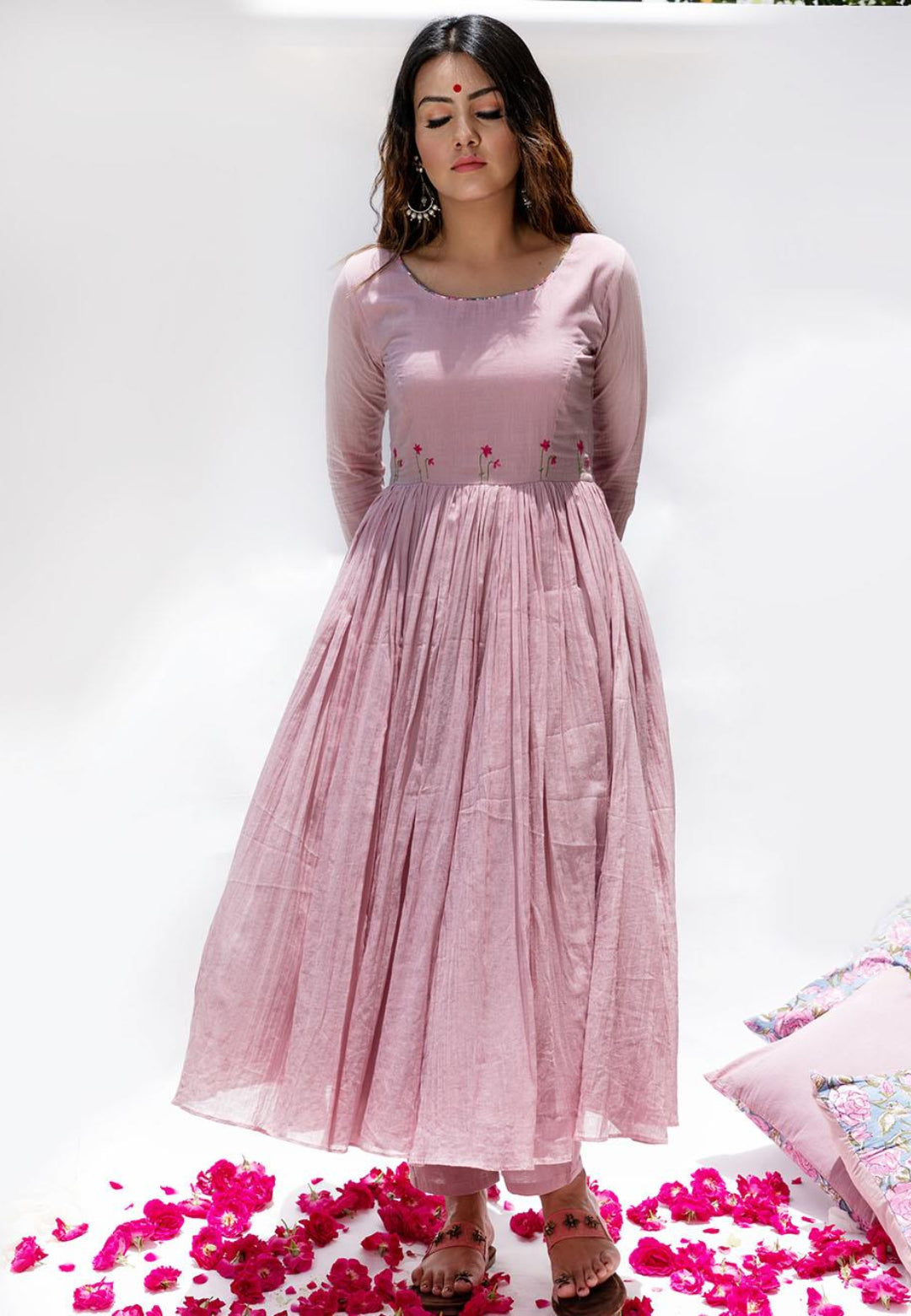 PASTEL PINK MULMUL ANARKALI SUIT SET
