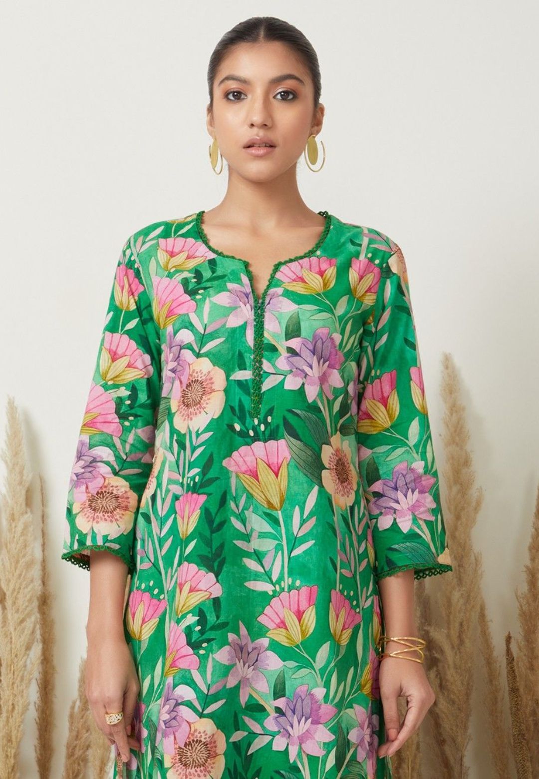 GREEN FLORAL PRINTED KURTA PALAZZO SET