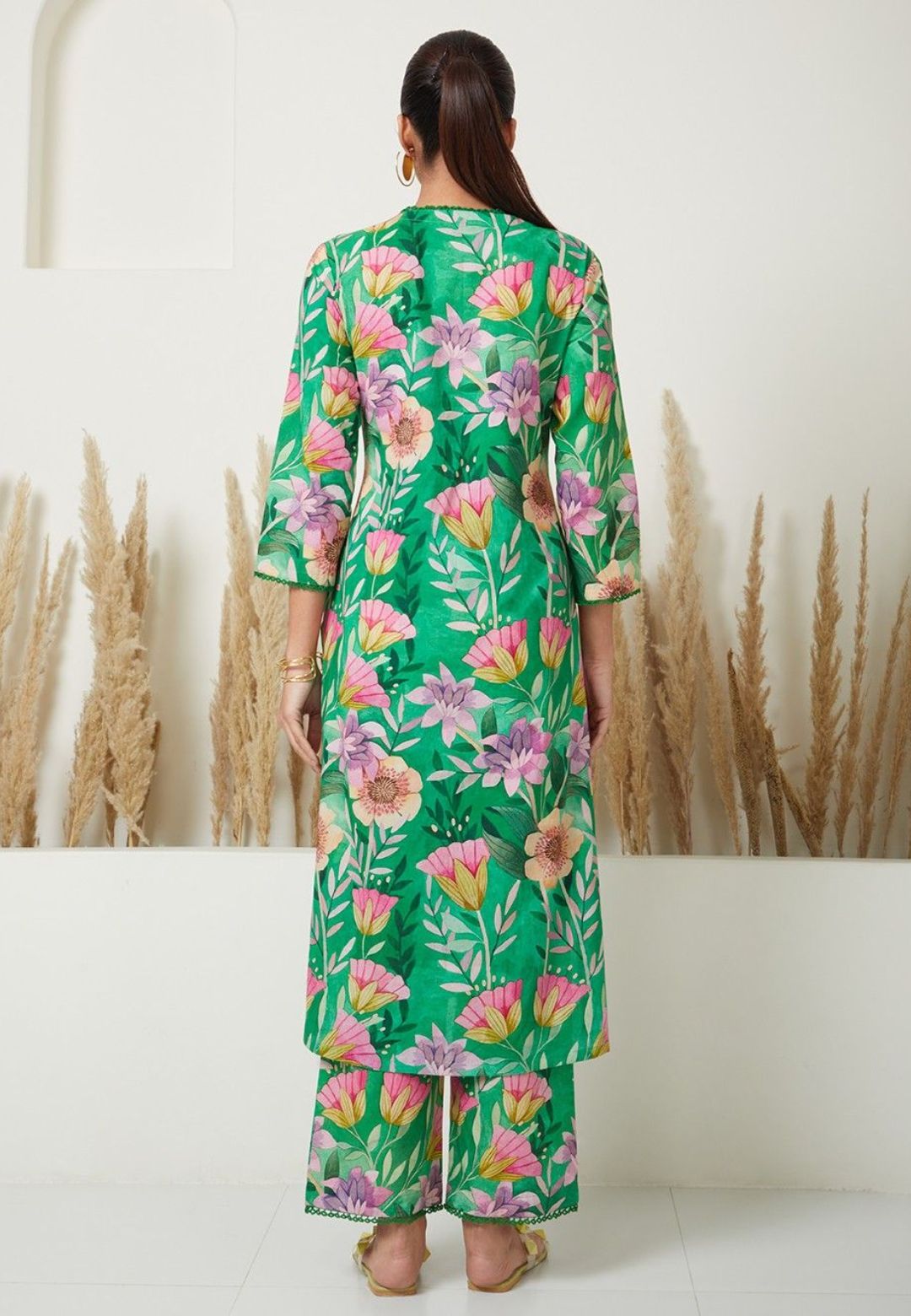 GREEN FLORAL PRINTED KURTA PALAZZO SET