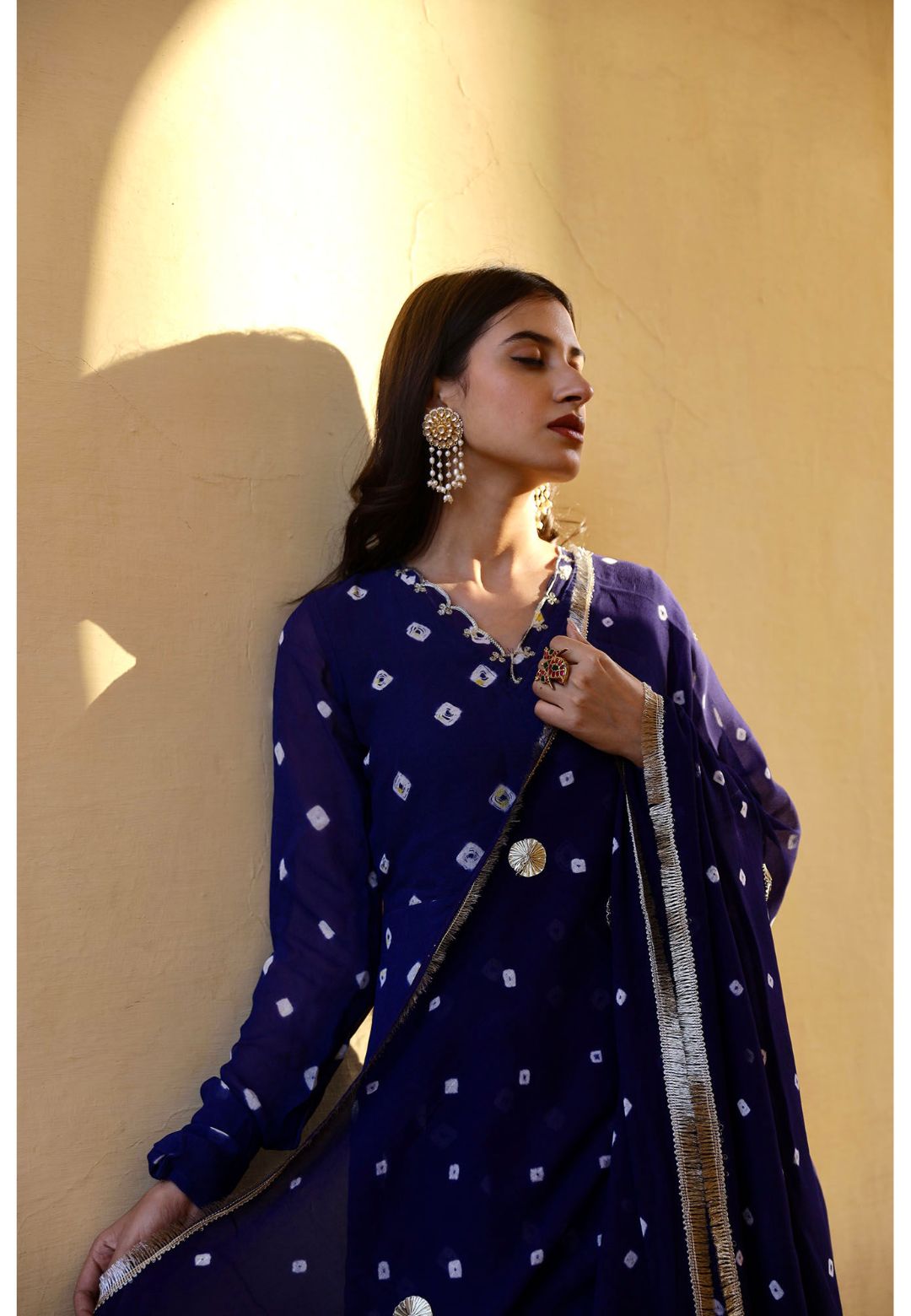 BLUE BANDHEJ GEORGETTE ANARKALI SUIT SET