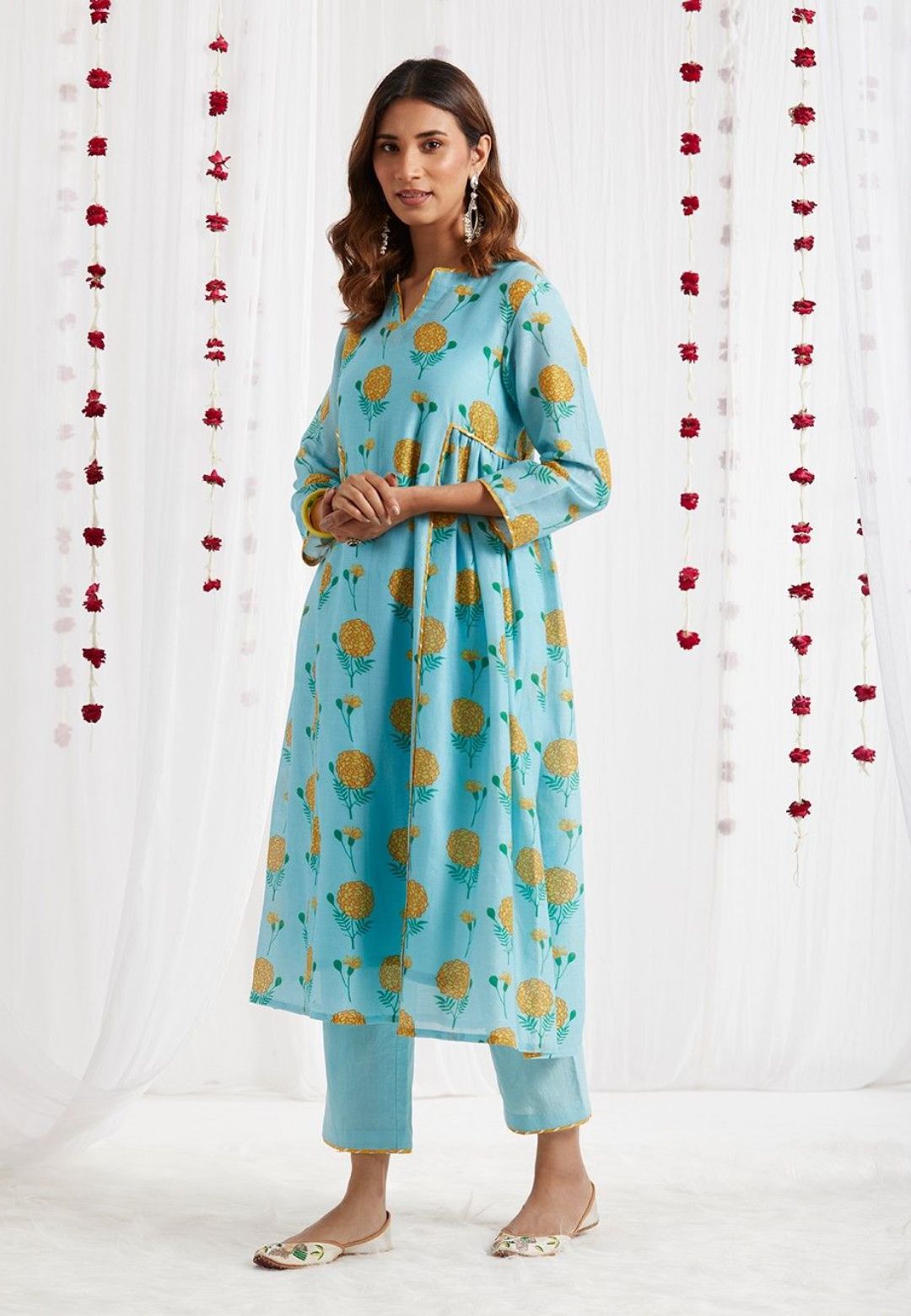 BLUE YELLOW CHANDERI SUIT SET