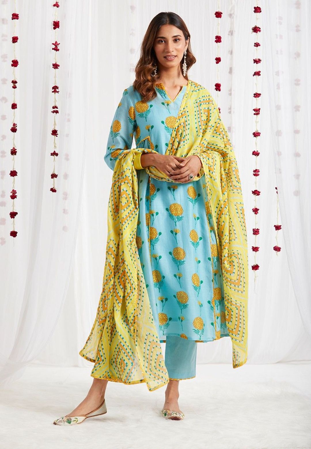 BLUE YELLOW CHANDERI SUIT SET