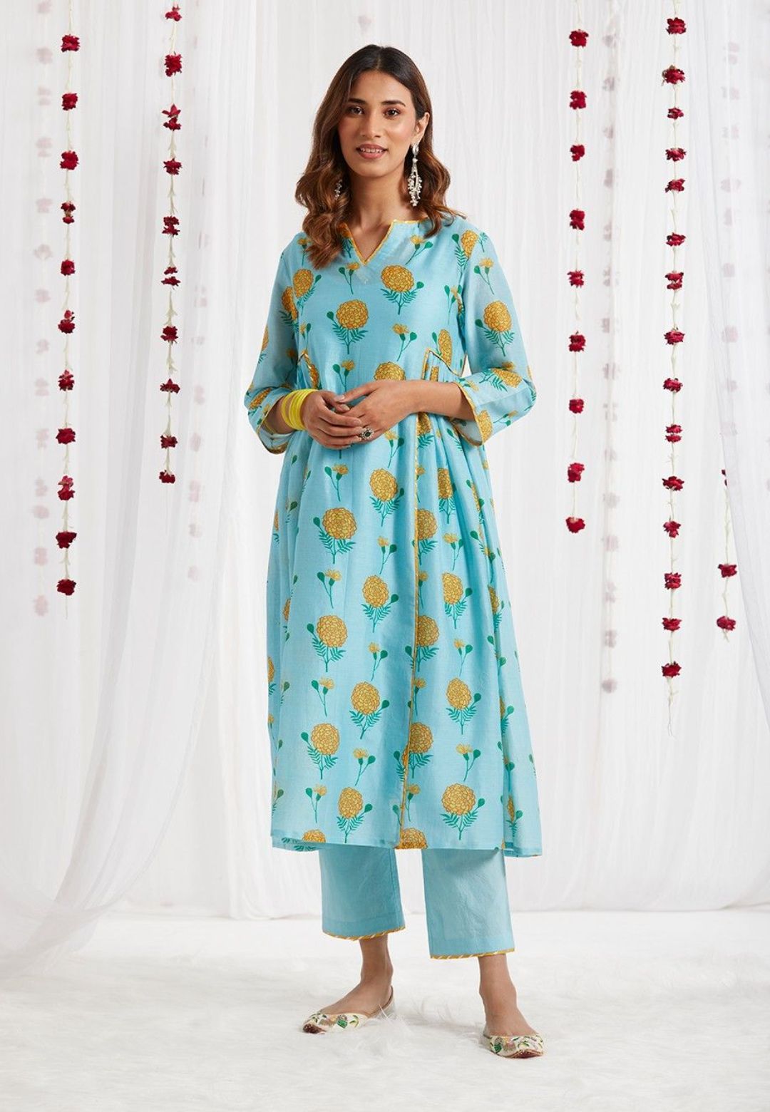 BLUE YELLOW CHANDERI SUIT SET