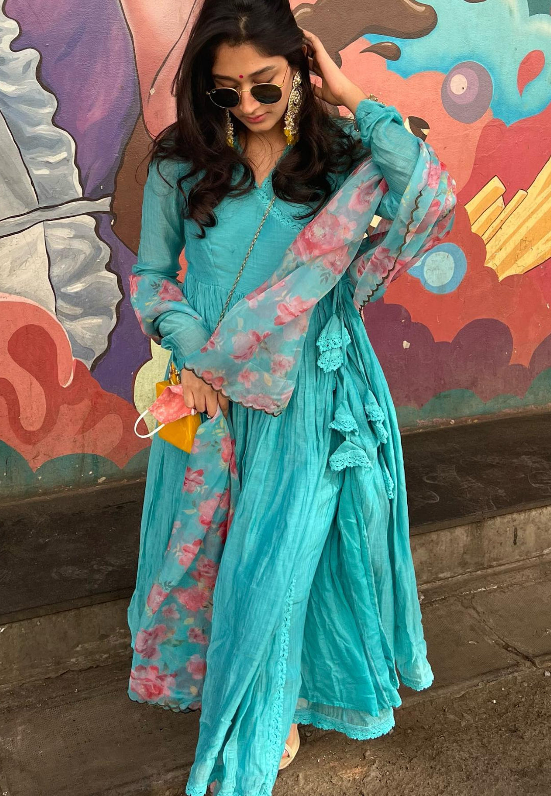 BLUE CHANDERI ORGANZA ANARKALI SUIT SET
