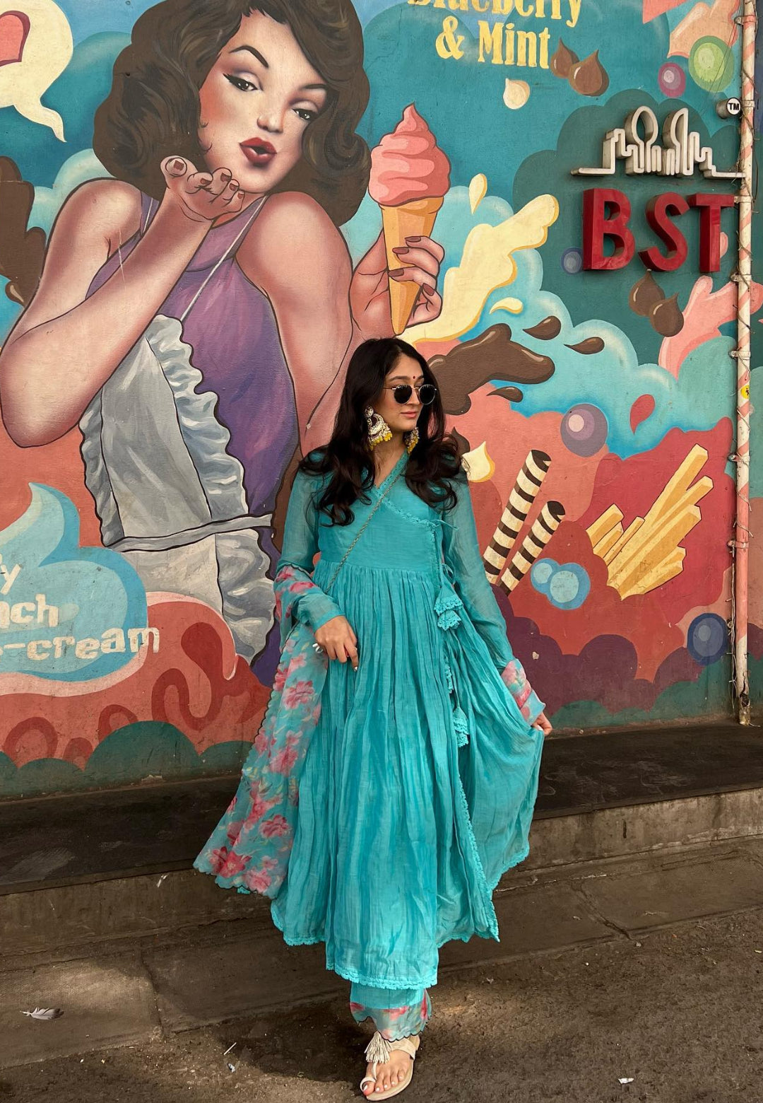 BLUE CHANDERI ORGANZA ANARKALI SUIT SET