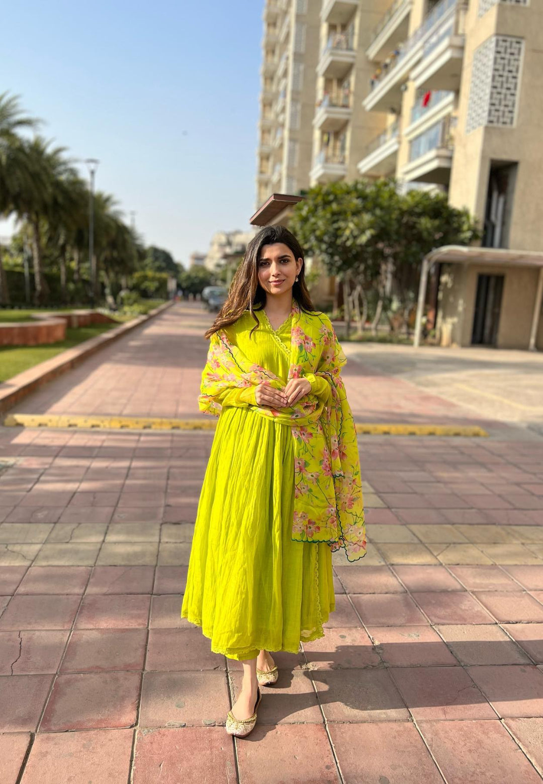 LIME GREEN CHANDERI ORGANZA ANGRAKHA SUIT SET