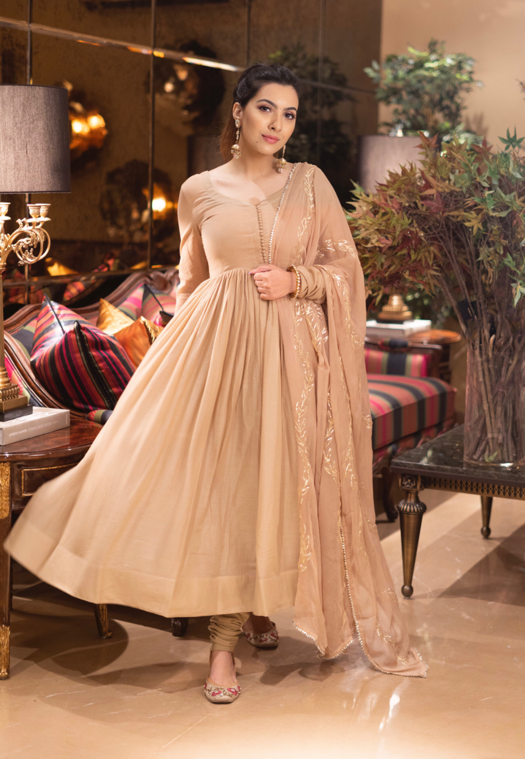 CHAMPAGNE BEIGE GOLD SUIT SET WITH GOTA DUPATTA - Avino Atelier