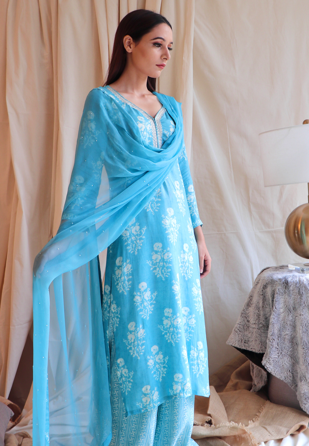BLUE MUSLIN HAND-EMBROIDERED SUIT SET