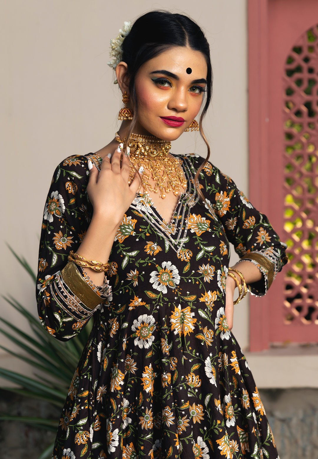 DARK BROWN COTTON ANARKALI SUIT SET