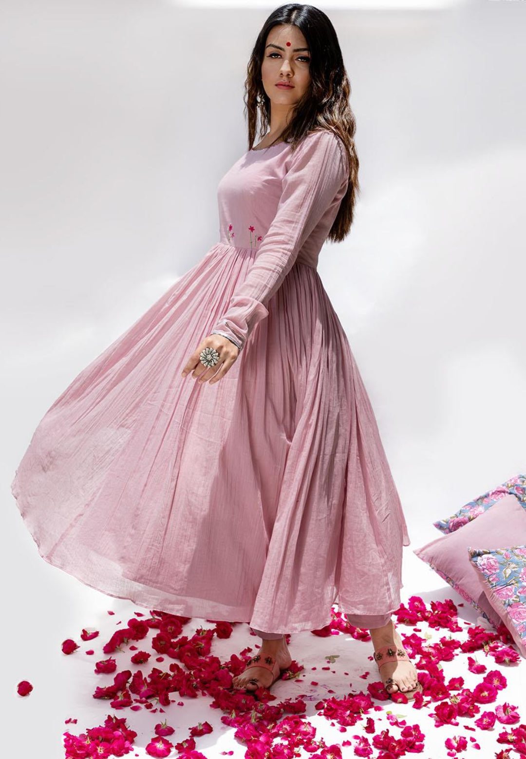 PASTEL PINK MULMUL ANARKALI SUIT SET