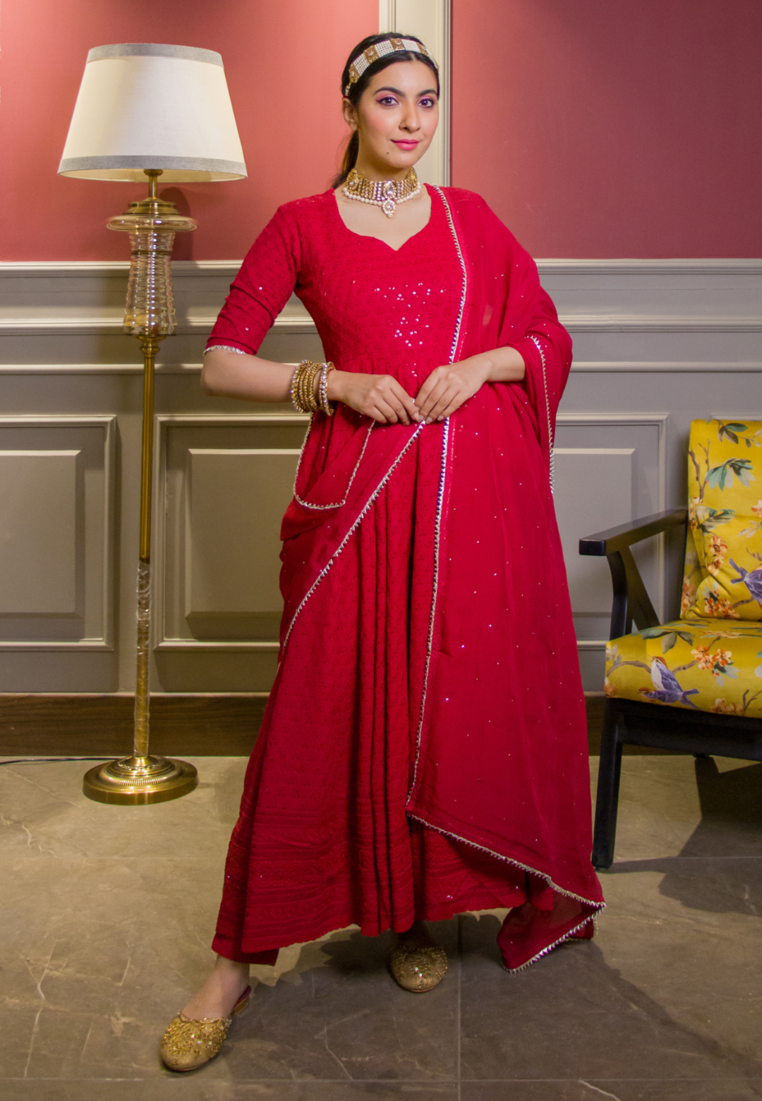 MAROON CHIKANKARI COTTON SUIT SET - Avino Atelier