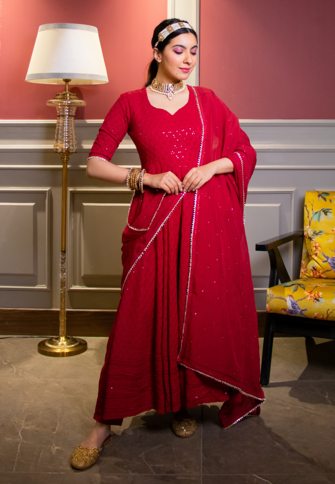 MAROON CHIKANKARI COTTON SUIT SET - Avino Atelier
