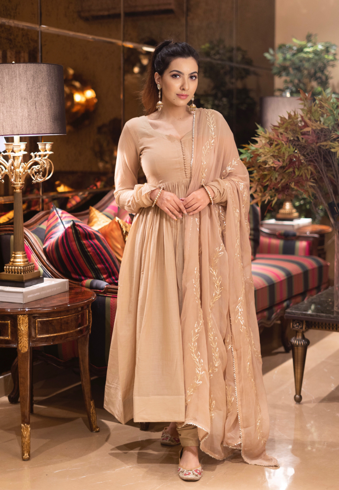 CHAMPAGNE BEIGE GOLD SUIT SET WITH GOTA DUPATTA - Avino Atelier