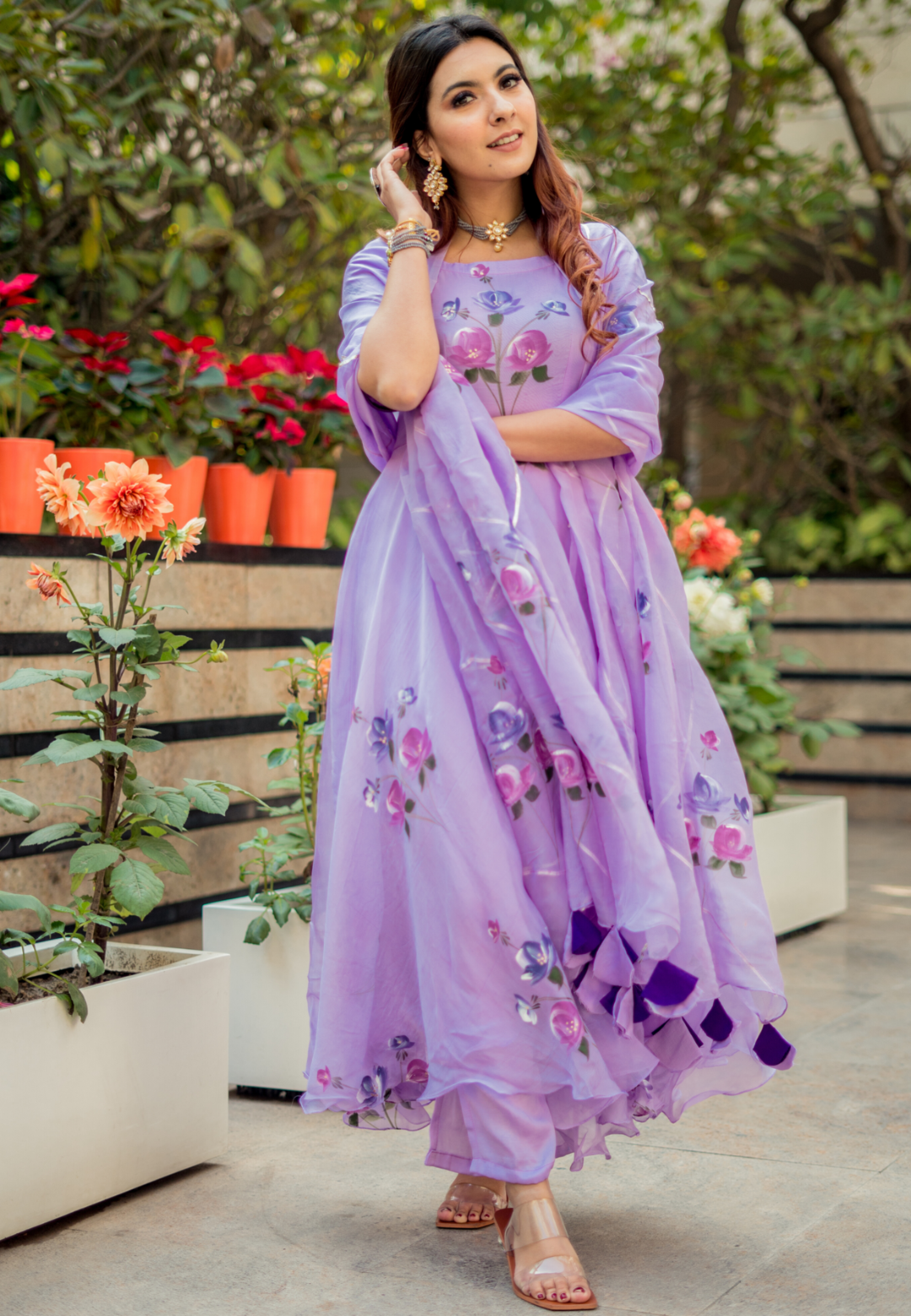 LILAC PURPLE HANDAPAINTED ANARKALI SUIT SET
