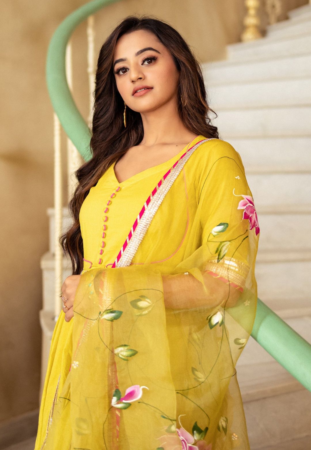 YELLOW COTTON HANDPAINTED ANARKALI SUIT SET