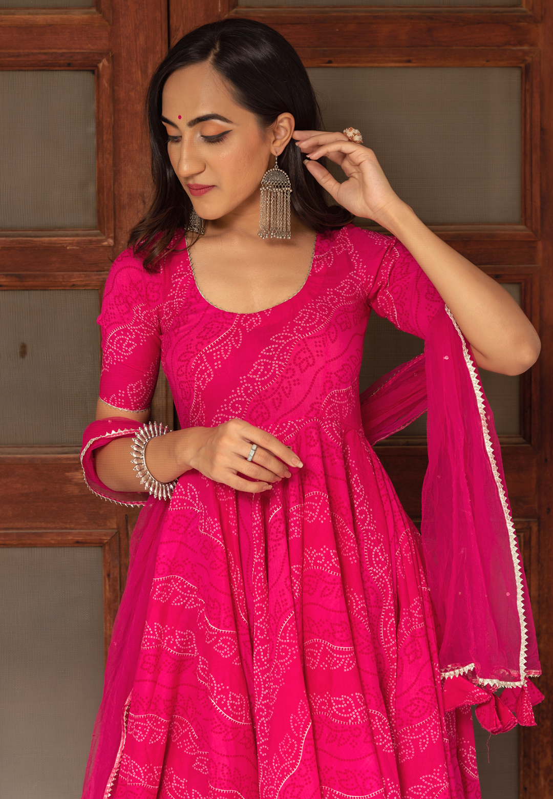 PINK BANDHEJ ANARKALI SUIT SET