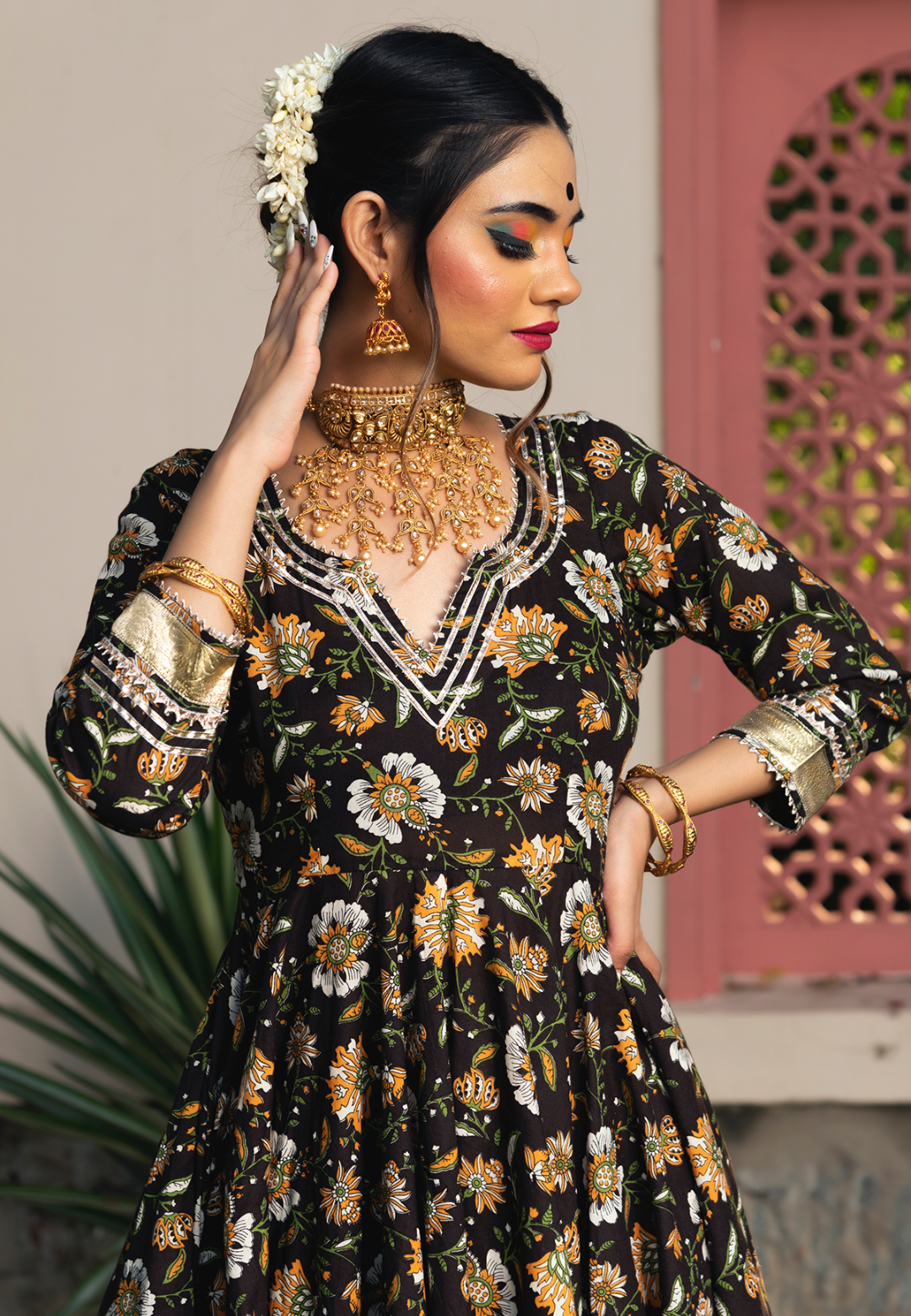 DARK BROWN COTTON ANARKALI SUIT SET