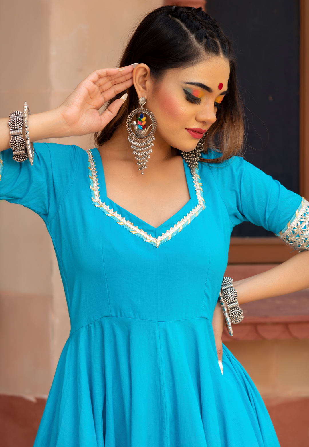 BLUE GOTALACE COTTON ANARKALI SUIT SET