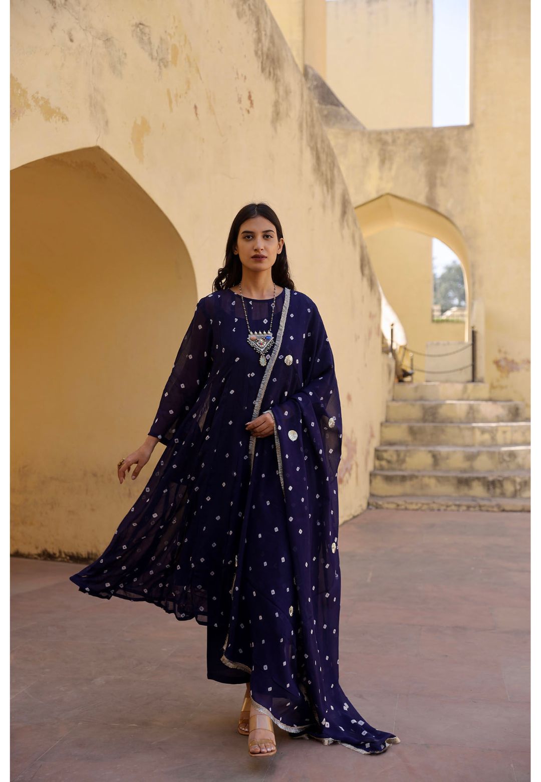 BLUE BANDHANI GEORGETTE ANARKALI SUIT SET