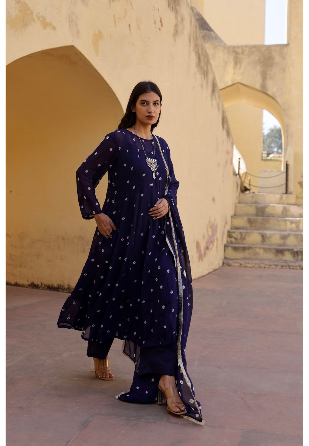 BLUE BANDHANI GEORGETTE ANARKALI SUIT SET