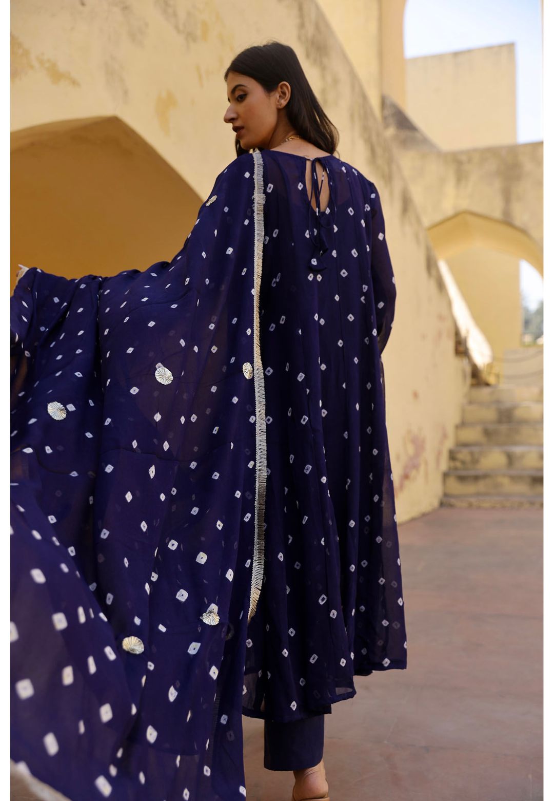 BLUE BANDHANI GEORGETTE ANARKALI SUIT SET