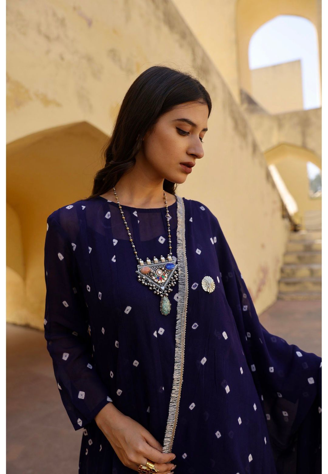 BLUE BANDHANI GEORGETTE ANARKALI SUIT SET