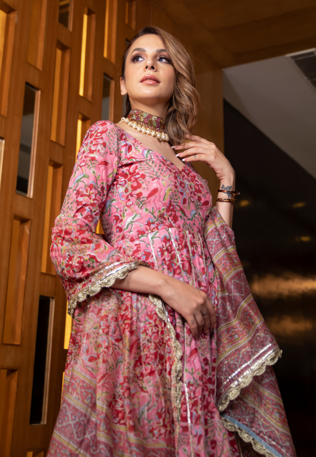 PINK BLOOM FLORAL GOTAPATTI ANARKALI SUIT SET