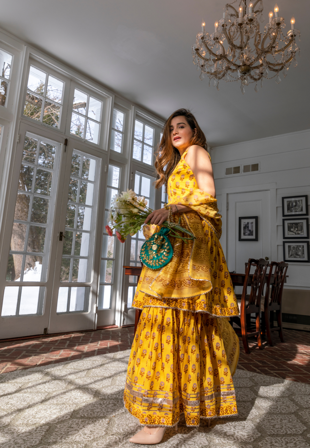 YELLOW HANDBLOCK SHARARA SET