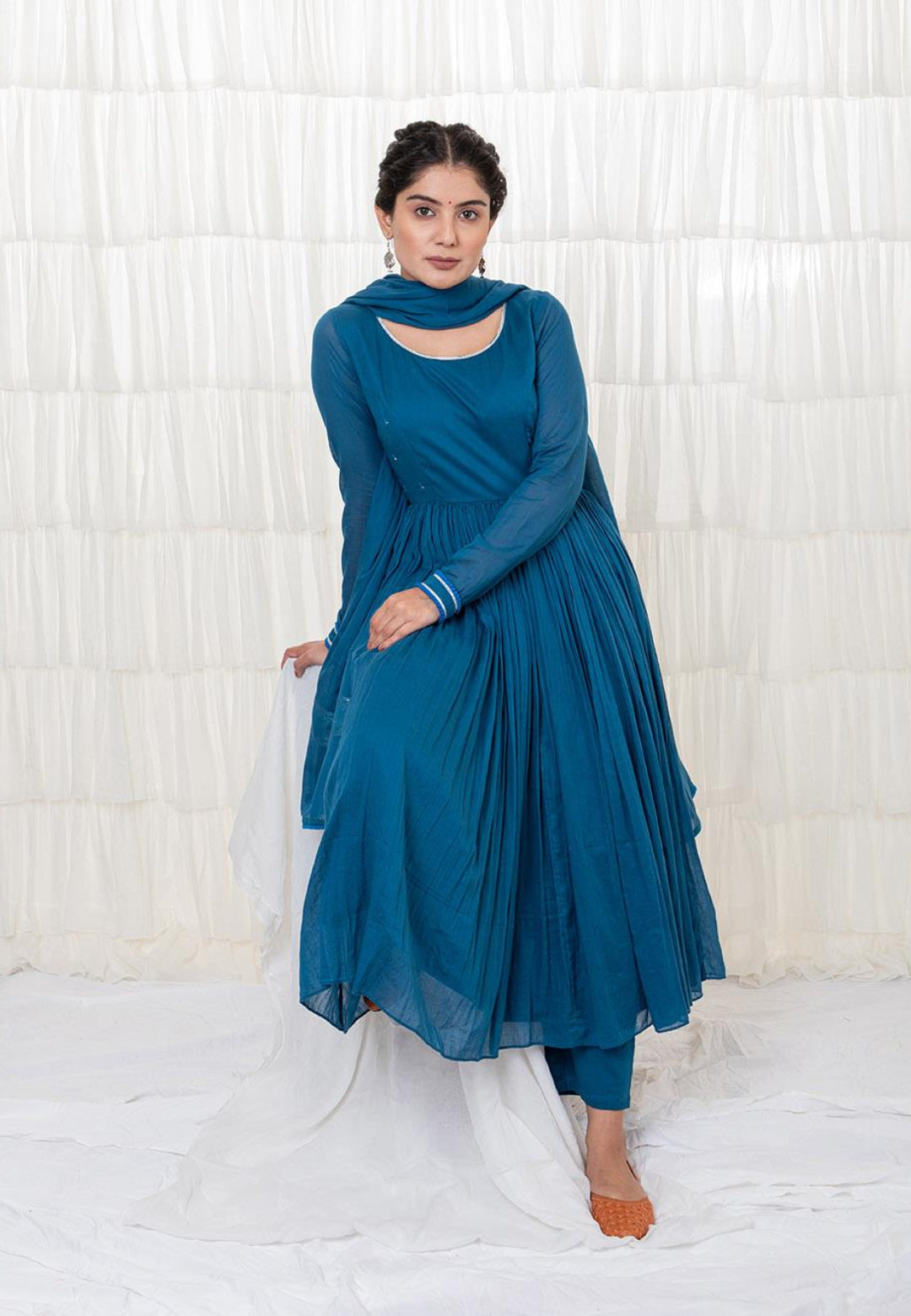 TEAL BLUE MUL MUL ANARKALI SUIT SET