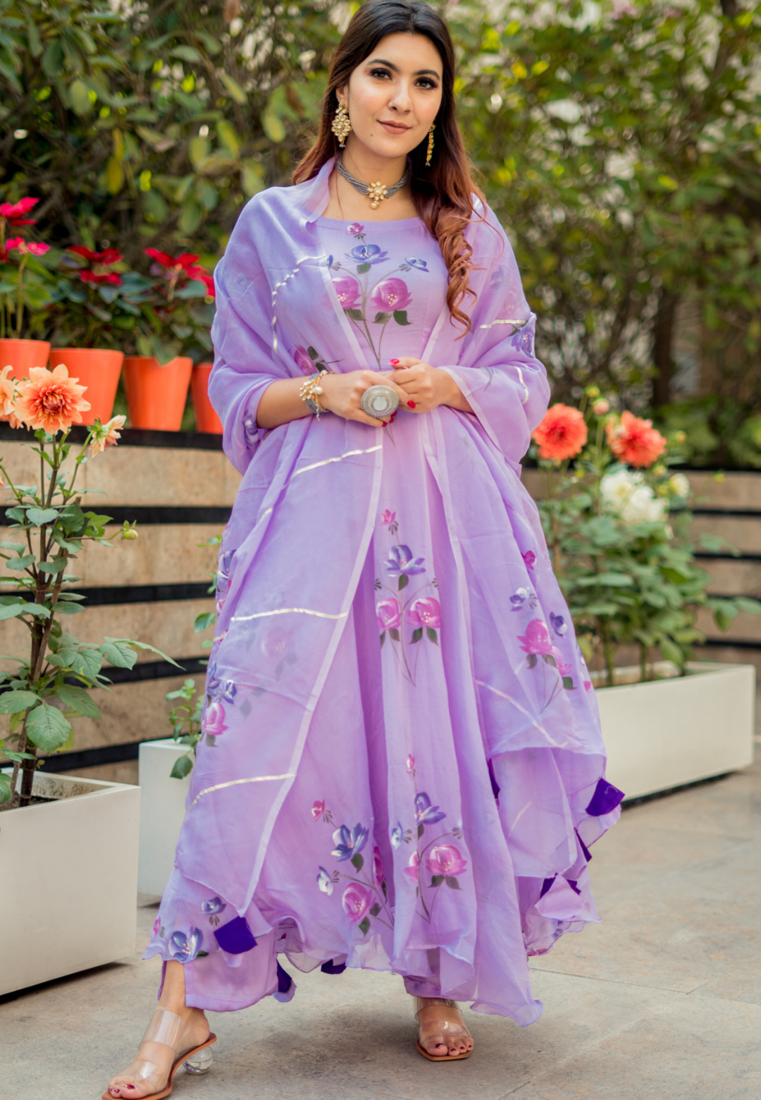 LILAC PURPLE HANDAPAINTED ANARKALI SUIT SET