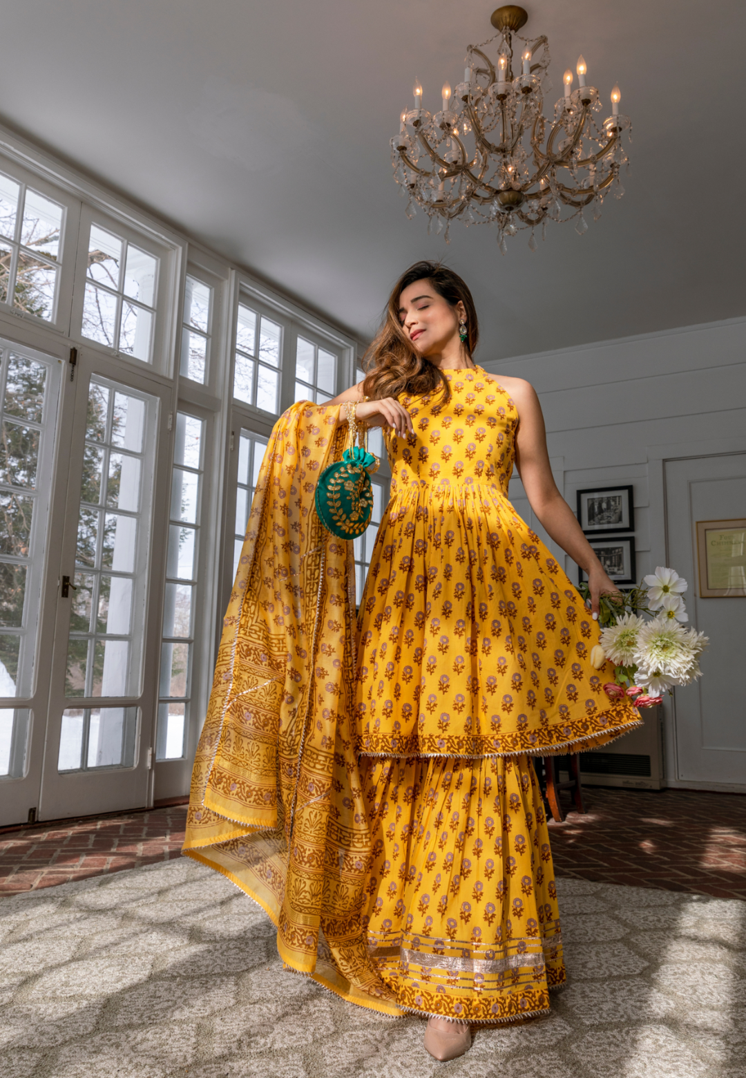 YELLOW HANDBLOCK SHARARA SET