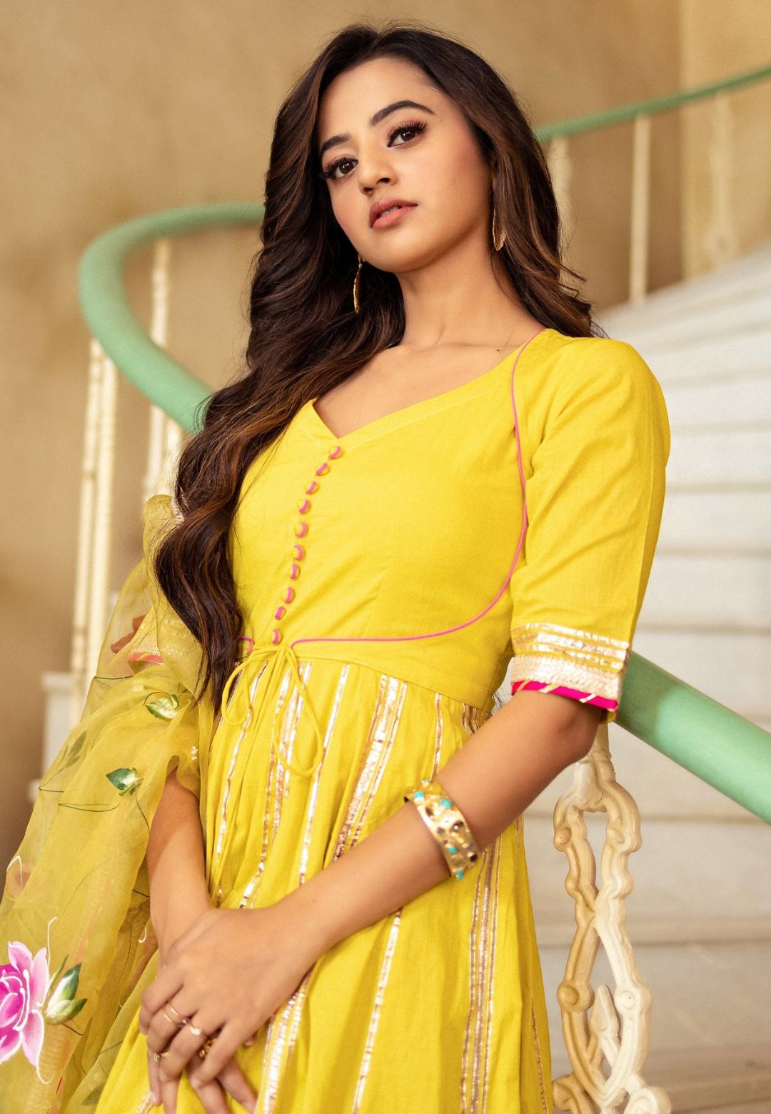 YELLOW COTTON HANDPAINTED ANARKALI SUIT SET
