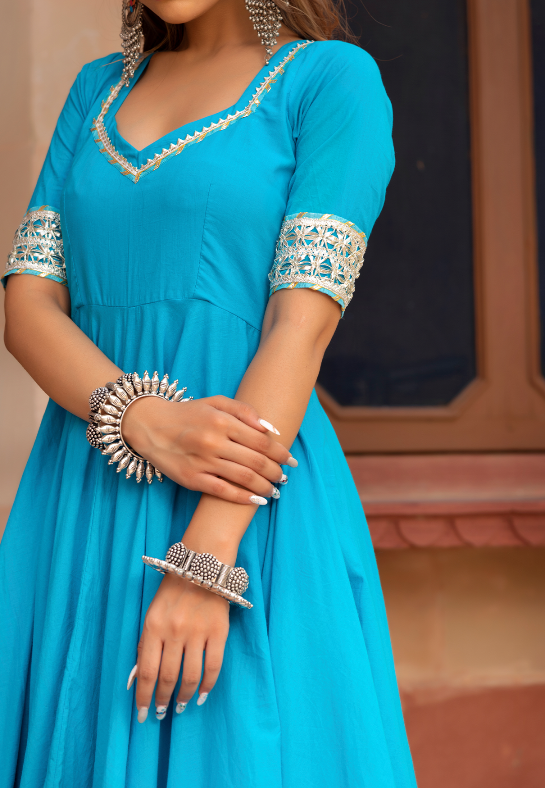 BLUE GOTALACE COTTON ANARKALI SUIT SET