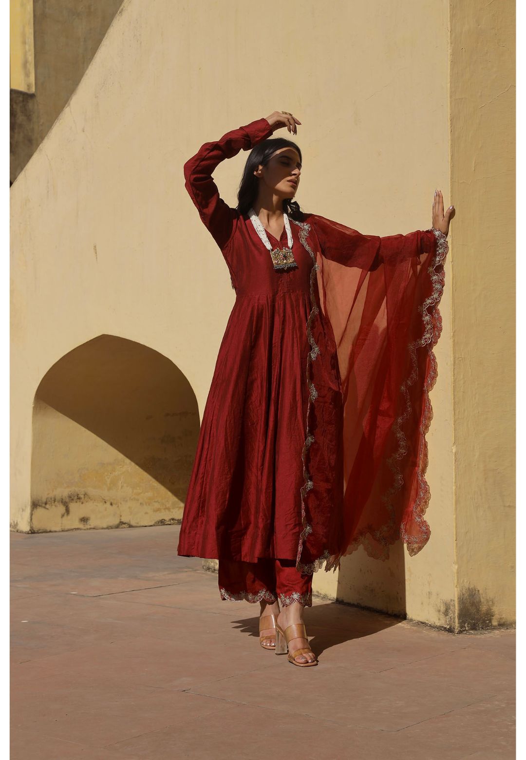MAROON CHANDERI ANARKALI SUIT SET