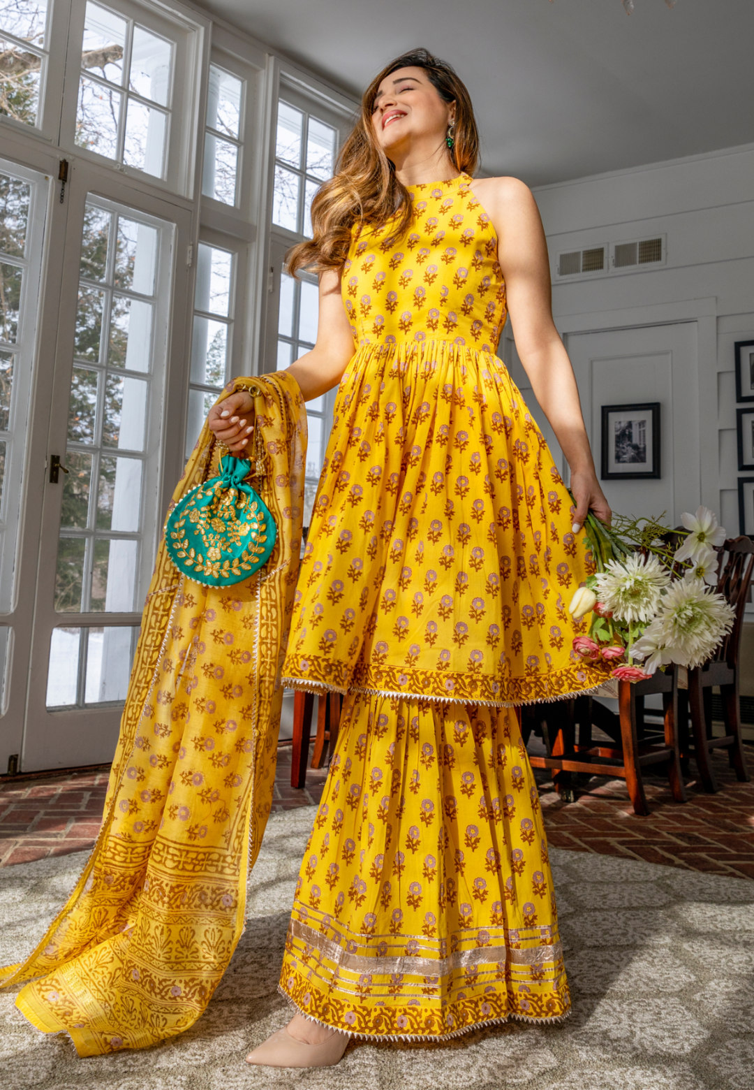 YELLOW HANDBLOCK SHARARA SET
