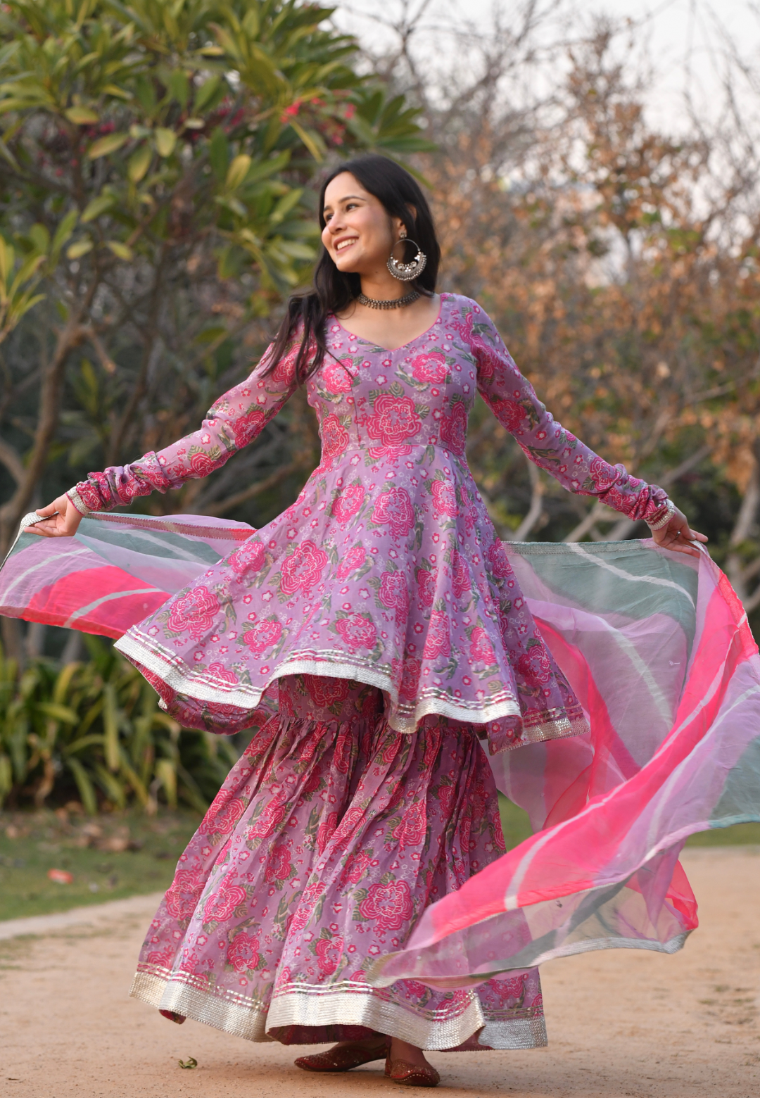PURPLE PINK CHANDRA CHANDERI SHARARA SET