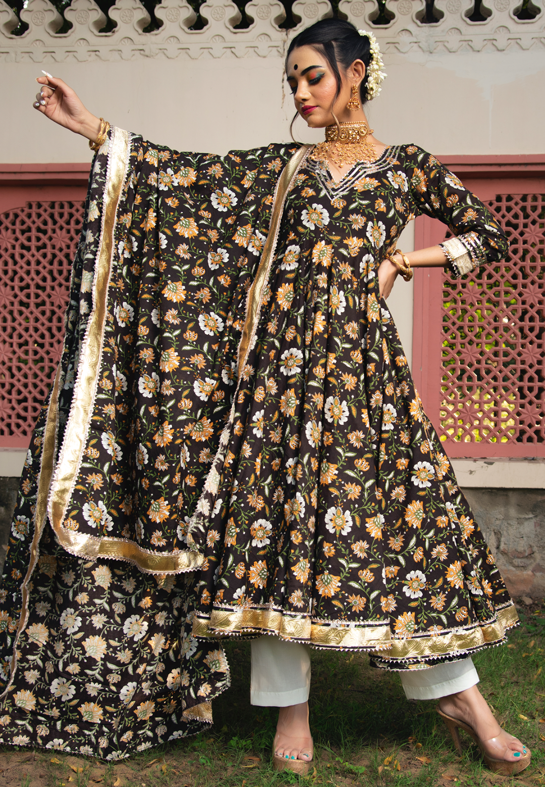 DARK BROWN COTTON ANARKALI SUIT SET