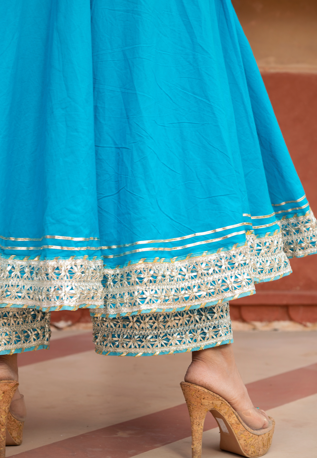 BLUE GOTALACE COTTON ANARKALI SUIT SET