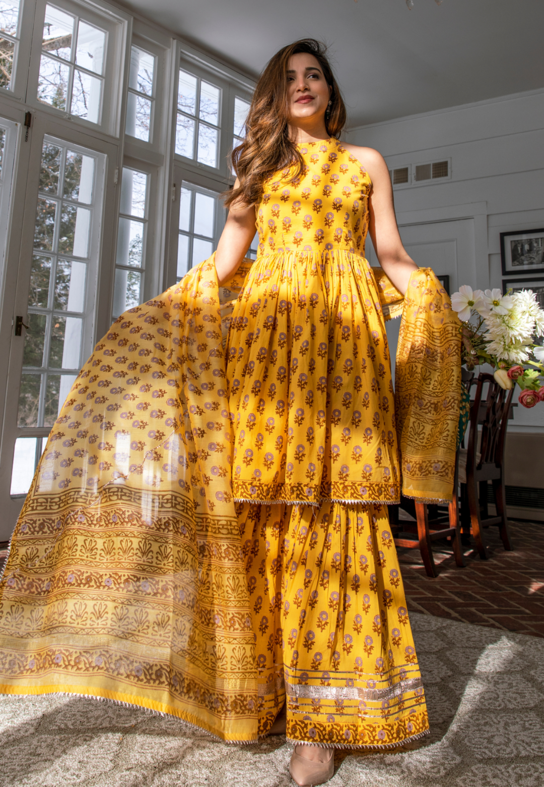 YELLOW HANDBLOCK SHARARA SET