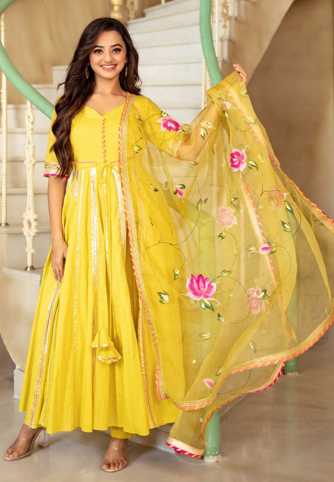 YELLOW COTTON HANDPAINTED ANARKALI SUIT SET