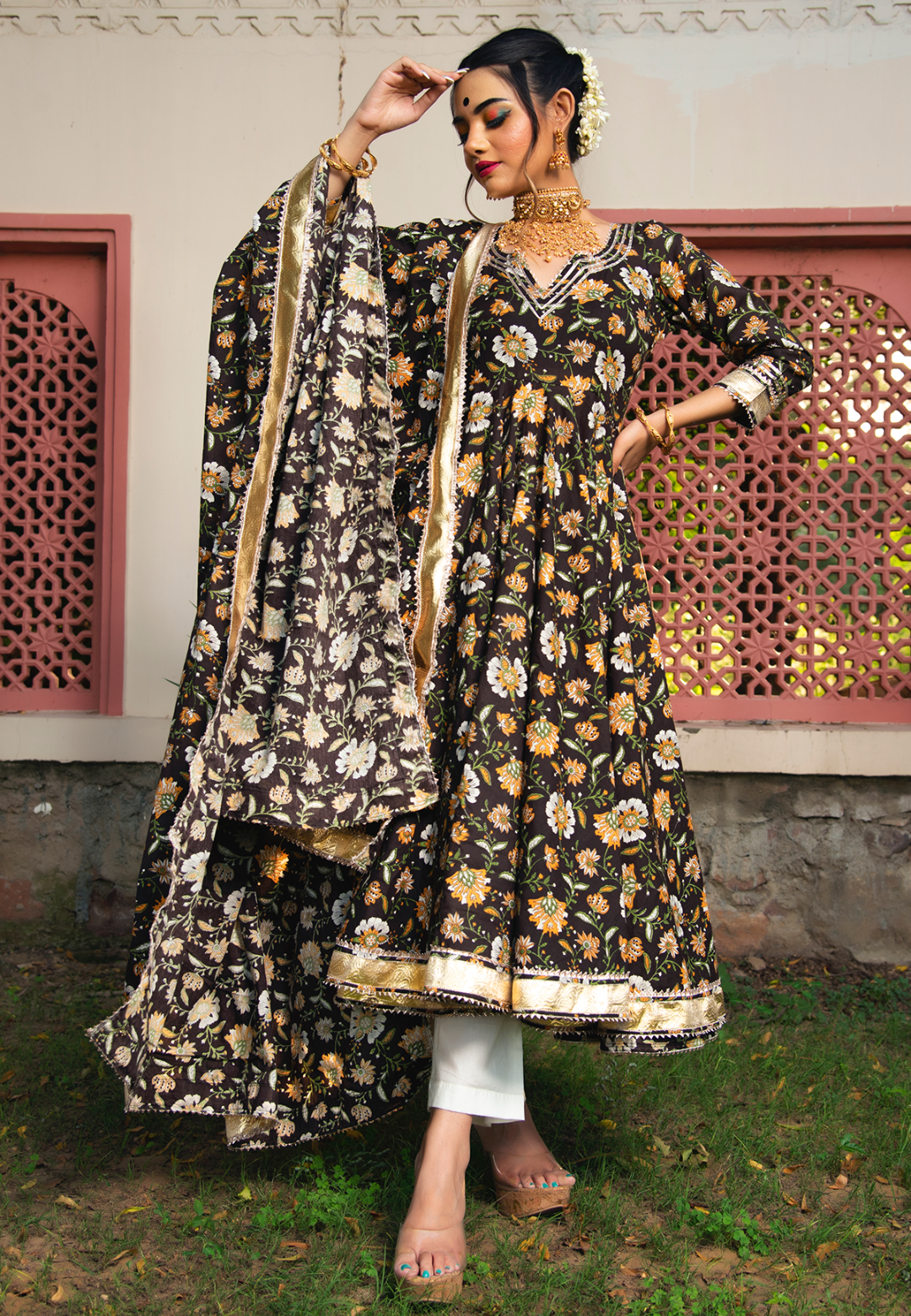 DARK BROWN COTTON ANARKALI SUIT SET