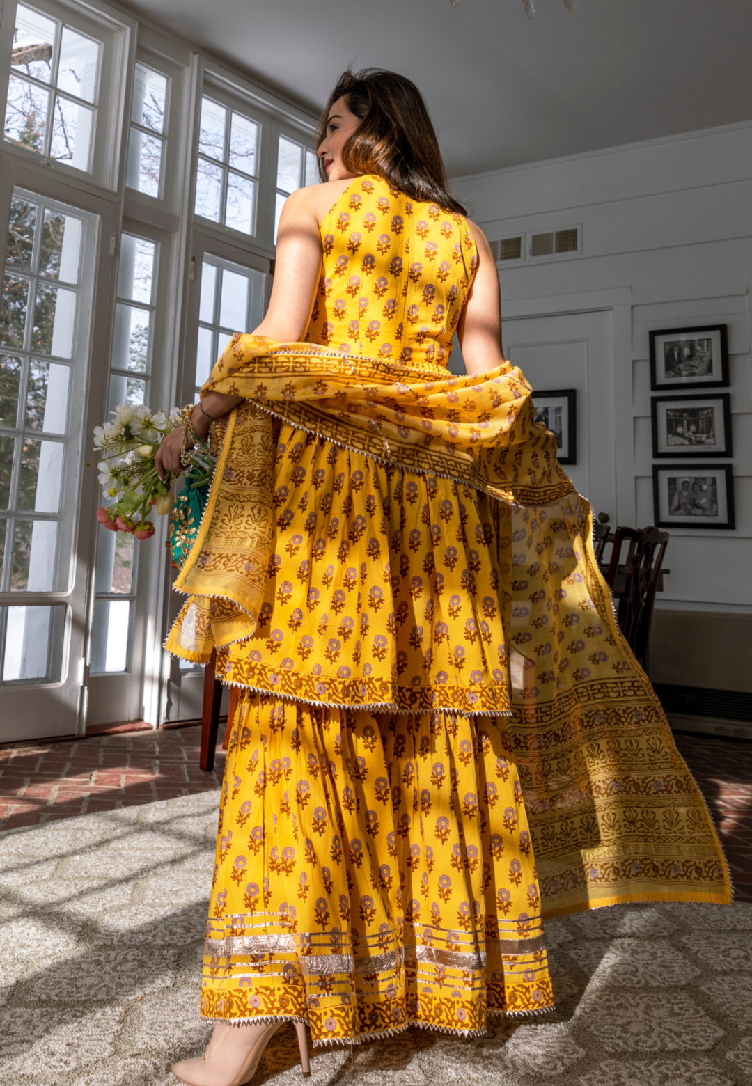 YELLOW HANDBLOCK SHARARA SET