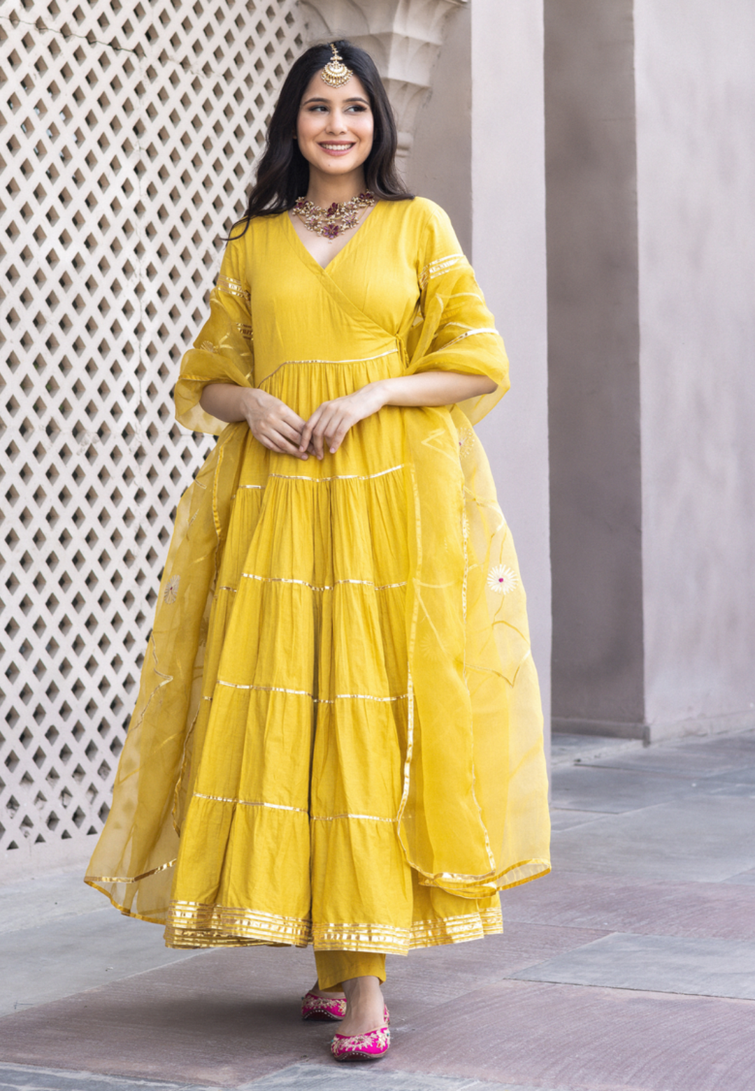 MUSTARD YELLOW COTTON ANARKALI SUIT SET