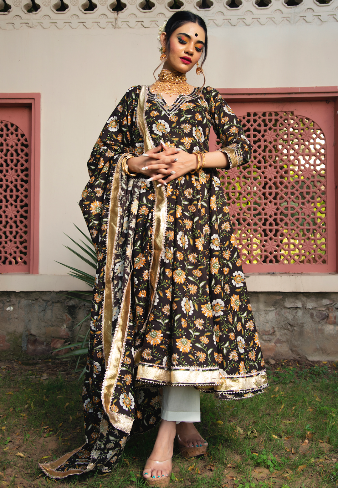 DARK BROWN COTTON ANARKALI SUIT SET