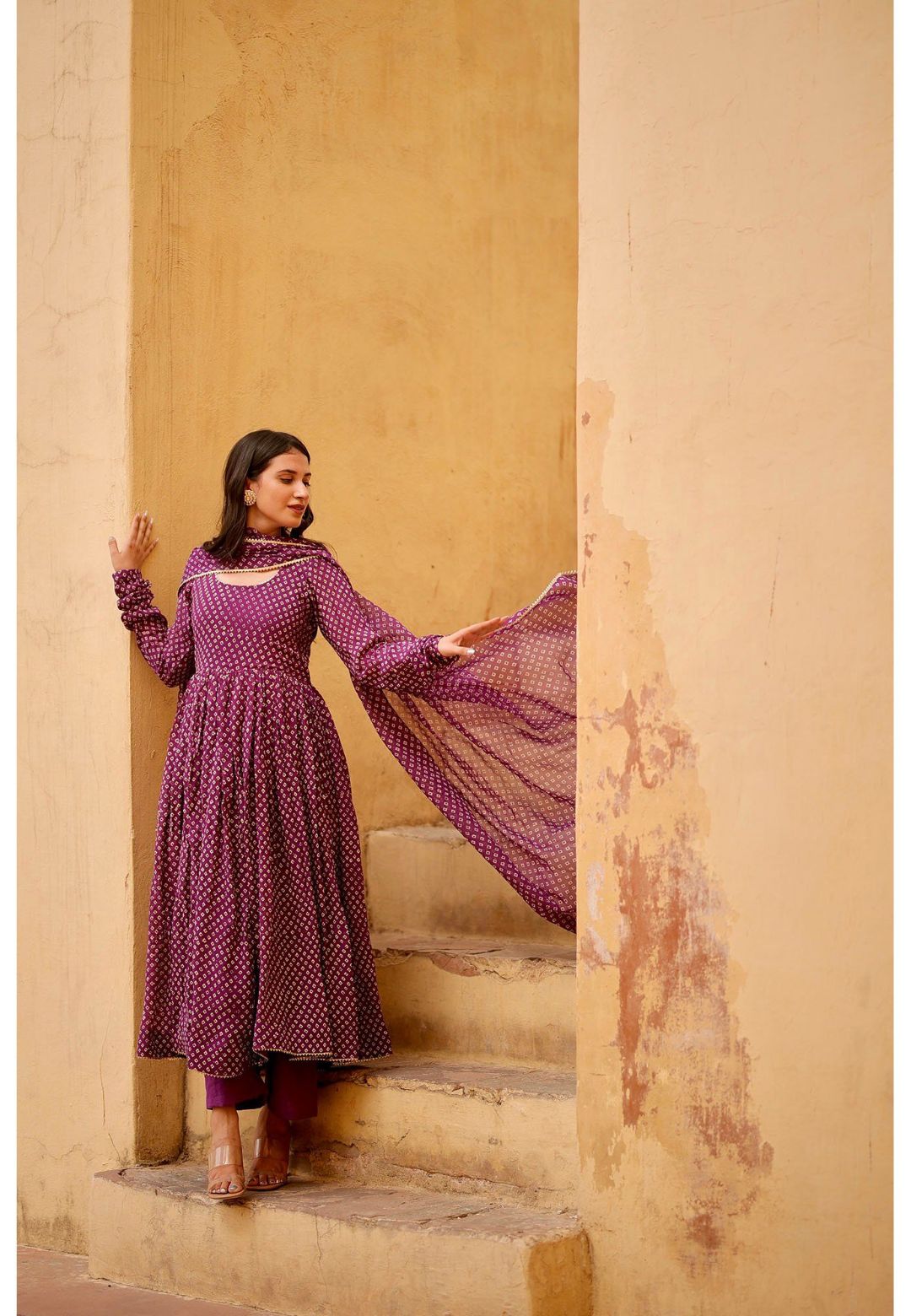 PURPLE BANDHANI GEORGETTE ANARKALI SUIT SET